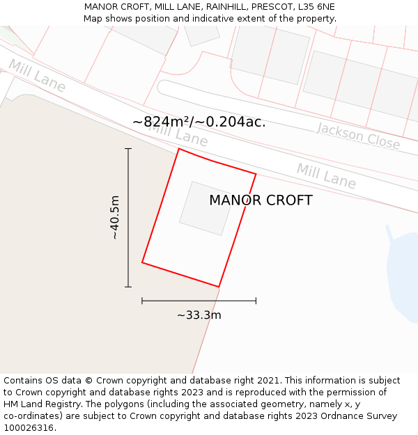 MANOR CROFT, MILL LANE, RAINHILL, PRESCOT, L35 6NE: Plot and title map