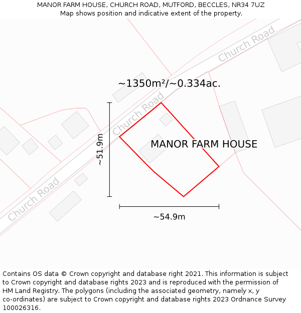 MANOR FARM HOUSE, CHURCH ROAD, MUTFORD, BECCLES, NR34 7UZ: Plot and title map