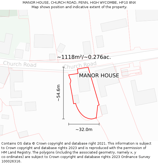 MANOR HOUSE, CHURCH ROAD, PENN, HIGH WYCOMBE, HP10 8NX: Plot and title map