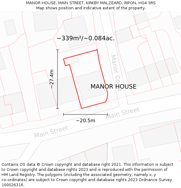MANOR HOUSE, MAIN STREET, KIRKBY MALZEARD, RIPON, HG4 3RS: Plot and title map