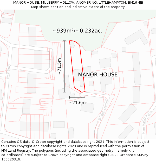 MANOR HOUSE, MULBERRY HOLLOW, ANGMERING, LITTLEHAMPTON, BN16 4JB: Plot and title map