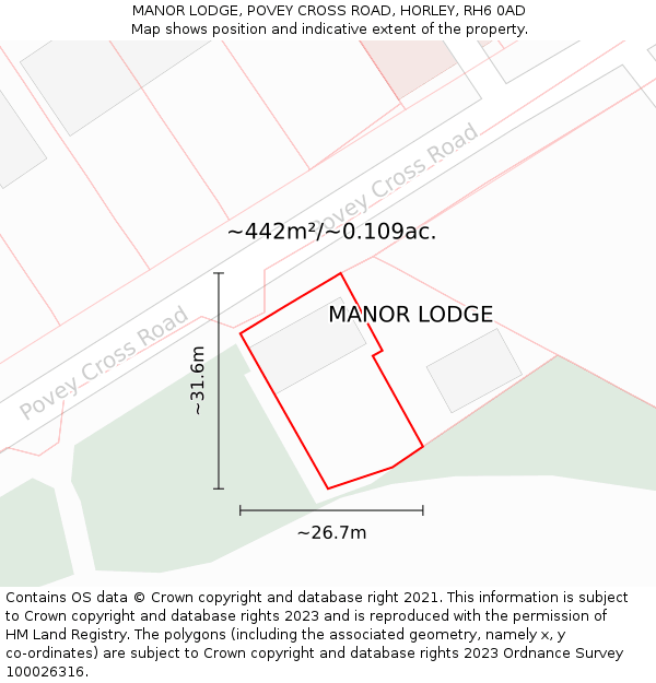 MANOR LODGE, POVEY CROSS ROAD, HORLEY, RH6 0AD: Plot and title map