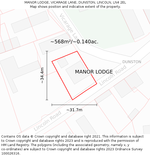 MANOR LODGE, VICARAGE LANE, DUNSTON, LINCOLN, LN4 2EL: Plot and title map
