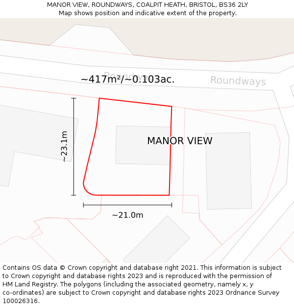 MANOR VIEW, ROUNDWAYS, COALPIT HEATH, BRISTOL, BS36 2LY: Plot and title map