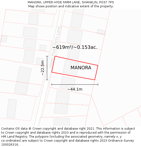 MANORA, UPPER HYDE FARM LANE, SHANKLIN, PO37 7PS: Plot and title map