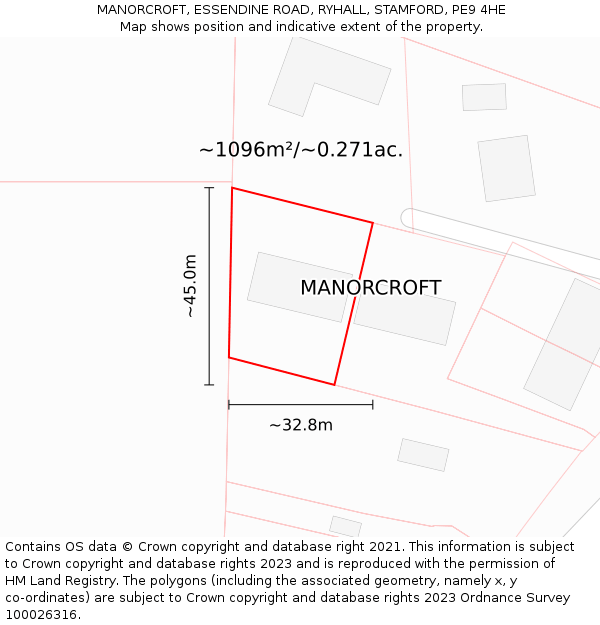 MANORCROFT, ESSENDINE ROAD, RYHALL, STAMFORD, PE9 4HE: Plot and title map