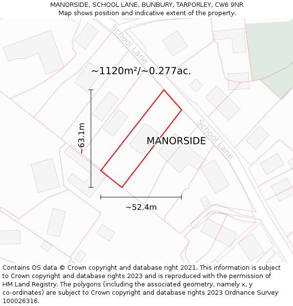 MANORSIDE, SCHOOL LANE, BUNBURY, TARPORLEY, CW6 9NR: Plot and title map