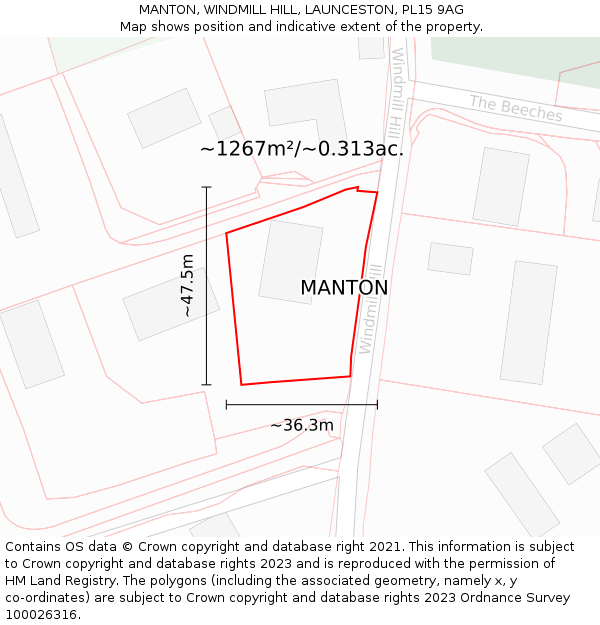 MANTON, WINDMILL HILL, LAUNCESTON, PL15 9AG: Plot and title map
