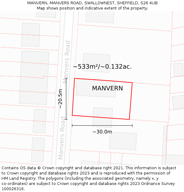 MANVERN, MANVERS ROAD, SWALLOWNEST, SHEFFIELD, S26 4UB: Plot and title map