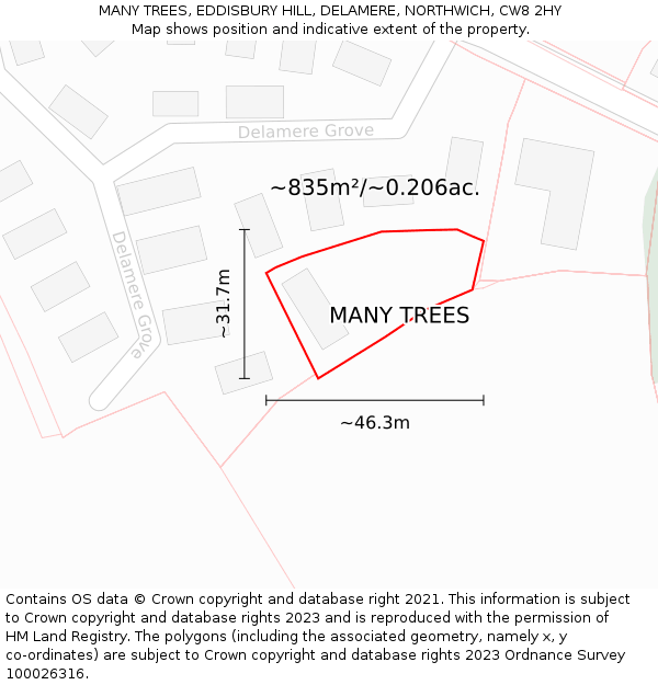 MANY TREES, EDDISBURY HILL, DELAMERE, NORTHWICH, CW8 2HY: Plot and title map