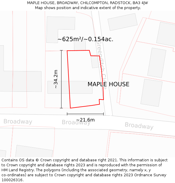MAPLE HOUSE, BROADWAY, CHILCOMPTON, RADSTOCK, BA3 4JW: Plot and title map