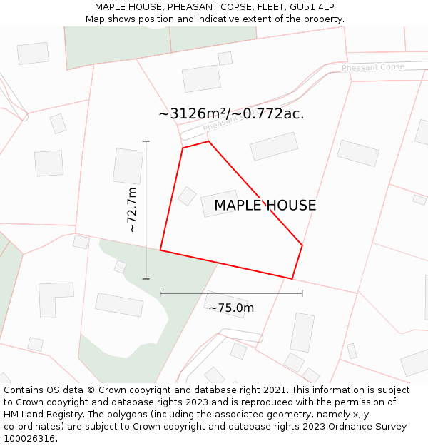 MAPLE HOUSE, PHEASANT COPSE, FLEET, GU51 4LP: Plot and title map