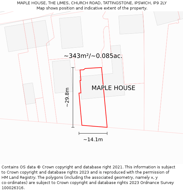 MAPLE HOUSE, THE LIMES, CHURCH ROAD, TATTINGSTONE, IPSWICH, IP9 2LY: Plot and title map