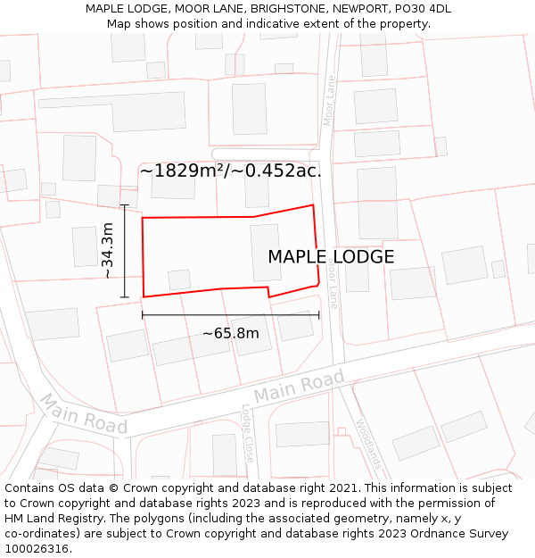MAPLE LODGE, MOOR LANE, BRIGHSTONE, NEWPORT, PO30 4DL: Plot and title map