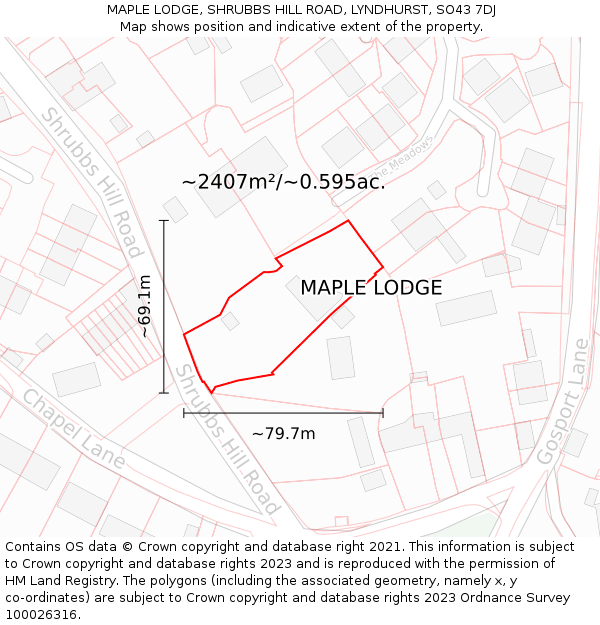 MAPLE LODGE, SHRUBBS HILL ROAD, LYNDHURST, SO43 7DJ: Plot and title map