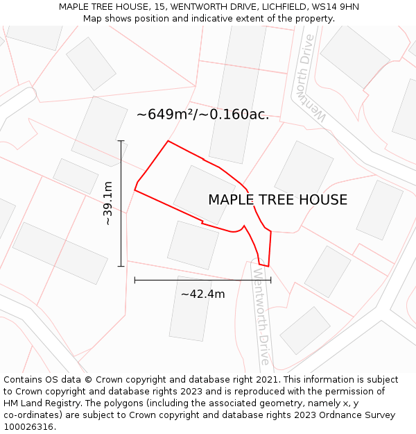 MAPLE TREE HOUSE, 15, WENTWORTH DRIVE, LICHFIELD, WS14 9HN: Plot and title map