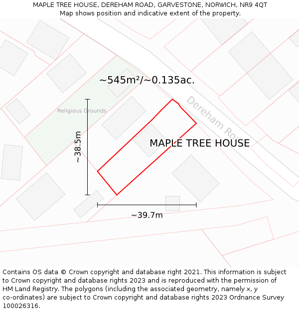 MAPLE TREE HOUSE, DEREHAM ROAD, GARVESTONE, NORWICH, NR9 4QT: Plot and title map