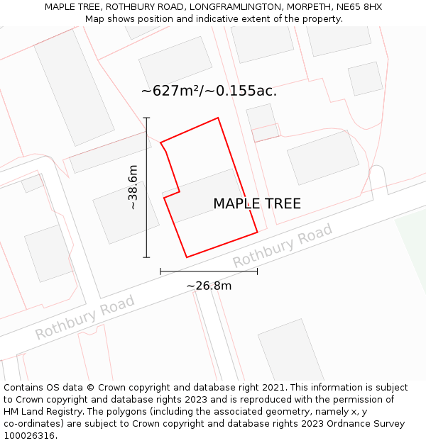 MAPLE TREE, ROTHBURY ROAD, LONGFRAMLINGTON, MORPETH, NE65 8HX: Plot and title map