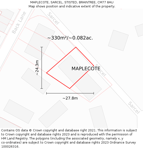 MAPLECOTE, SARCEL, STISTED, BRAINTREE, CM77 8AU: Plot and title map