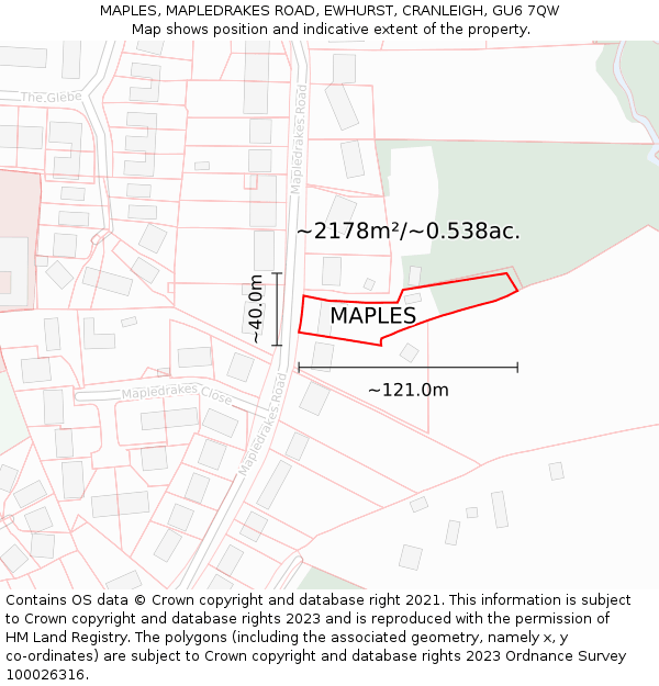 MAPLES, MAPLEDRAKES ROAD, EWHURST, CRANLEIGH, GU6 7QW: Plot and title map