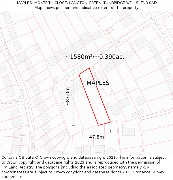 MAPLES, MONTEITH CLOSE, LANGTON GREEN, TUNBRIDGE WELLS, TN3 0AD: Plot and title map