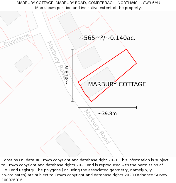 MARBURY COTTAGE, MARBURY ROAD, COMBERBACH, NORTHWICH, CW9 6AU: Plot and title map