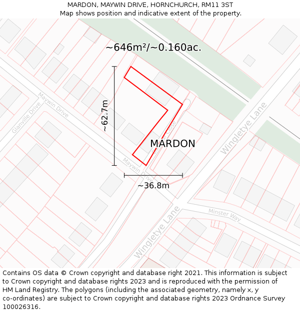 MARDON, MAYWIN DRIVE, HORNCHURCH, RM11 3ST: Plot and title map