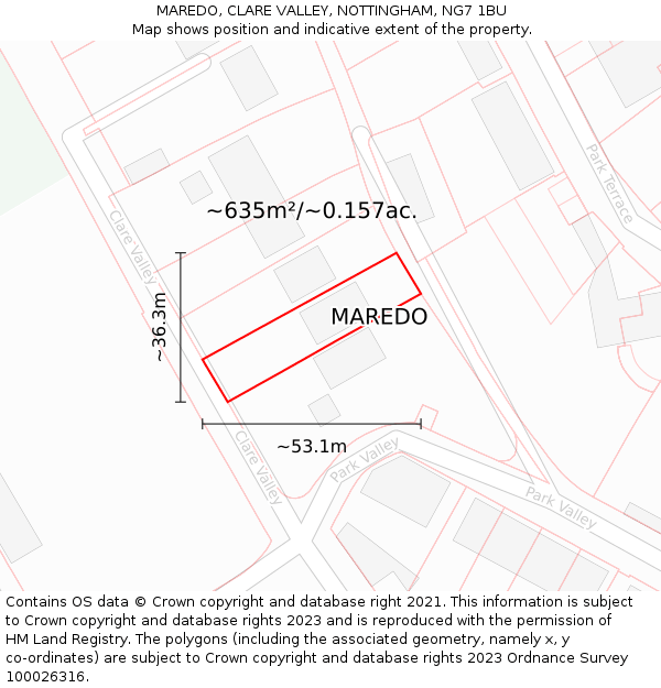 MAREDO, CLARE VALLEY, NOTTINGHAM, NG7 1BU: Plot and title map