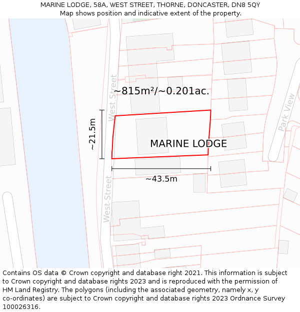 MARINE LODGE, 58A, WEST STREET, THORNE, DONCASTER, DN8 5QY: Plot and title map