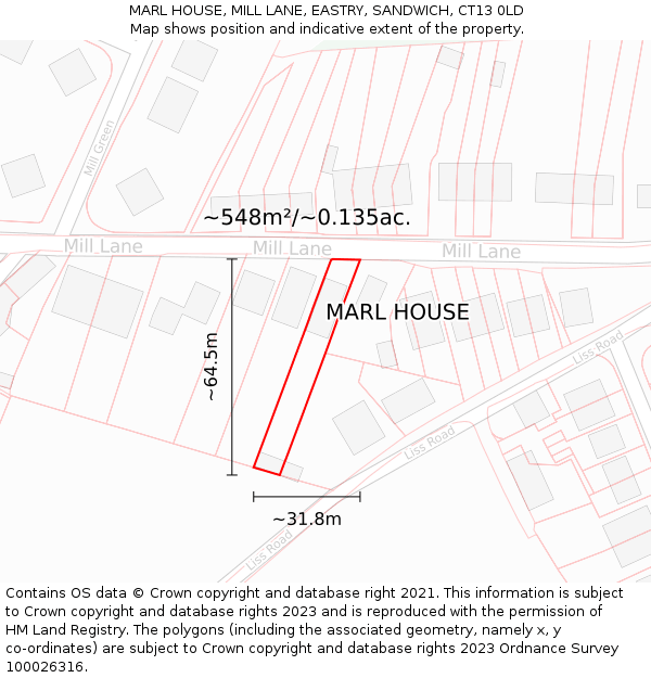 MARL HOUSE, MILL LANE, EASTRY, SANDWICH, CT13 0LD: Plot and title map