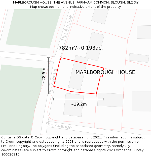 MARLBOROUGH HOUSE, THE AVENUE, FARNHAM COMMON, SLOUGH, SL2 3JY: Plot and title map