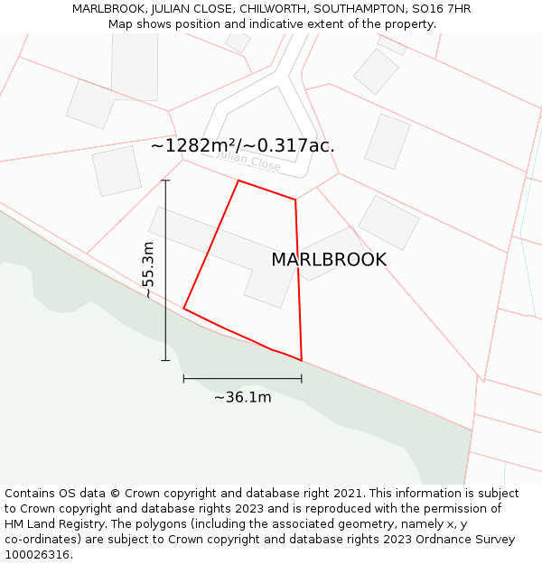 MARLBROOK, JULIAN CLOSE, CHILWORTH, SOUTHAMPTON, SO16 7HR: Plot and title map