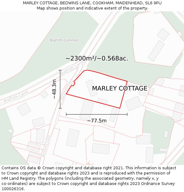 MARLEY COTTAGE, BEDWINS LANE, COOKHAM, MAIDENHEAD, SL6 9PU: Plot and title map