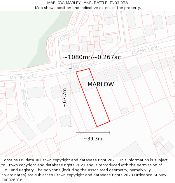 MARLOW, MARLEY LANE, BATTLE, TN33 0BA: Plot and title map