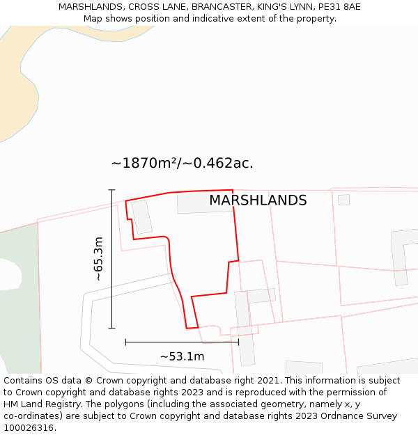 MARSHLANDS, CROSS LANE, BRANCASTER, KING'S LYNN, PE31 8AE: Plot and title map