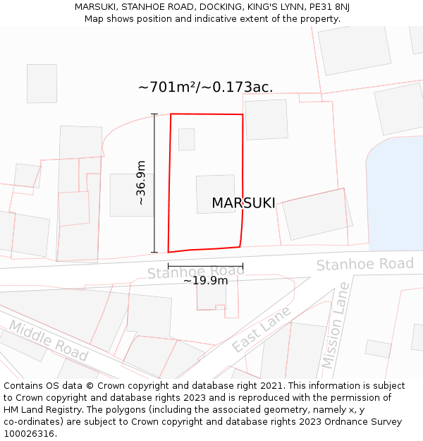 MARSUKI, STANHOE ROAD, DOCKING, KING'S LYNN, PE31 8NJ: Plot and title map
