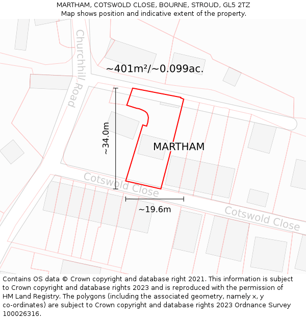 MARTHAM, COTSWOLD CLOSE, BOURNE, STROUD, GL5 2TZ: Plot and title map
