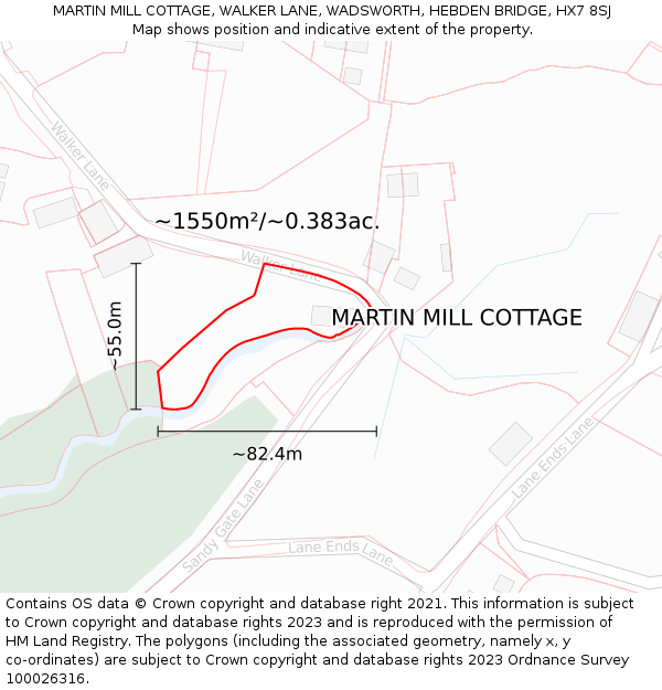 MARTIN MILL COTTAGE, WALKER LANE, WADSWORTH, HEBDEN BRIDGE, HX7 8SJ: Plot and title map