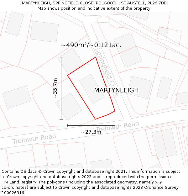 MARTYNLEIGH, SPRINGFIELD CLOSE, POLGOOTH, ST AUSTELL, PL26 7BB: Plot and title map