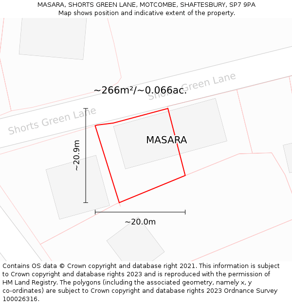 MASARA, SHORTS GREEN LANE, MOTCOMBE, SHAFTESBURY, SP7 9PA: Plot and title map