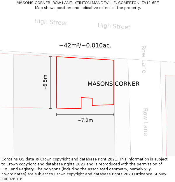 MASONS CORNER, ROW LANE, KEINTON MANDEVILLE, SOMERTON, TA11 6EE: Plot and title map