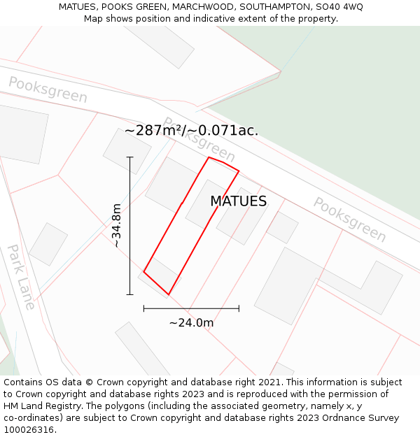 MATUES, POOKS GREEN, MARCHWOOD, SOUTHAMPTON, SO40 4WQ: Plot and title map