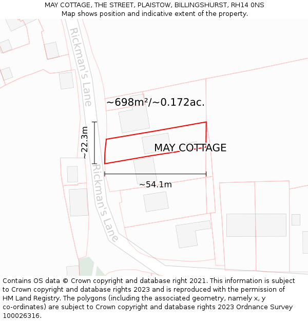 MAY COTTAGE, THE STREET, PLAISTOW, BILLINGSHURST, RH14 0NS: Plot and title map