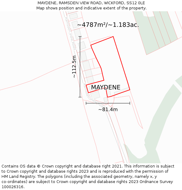 MAYDENE, RAMSDEN VIEW ROAD, WICKFORD, SS12 0LE: Plot and title map