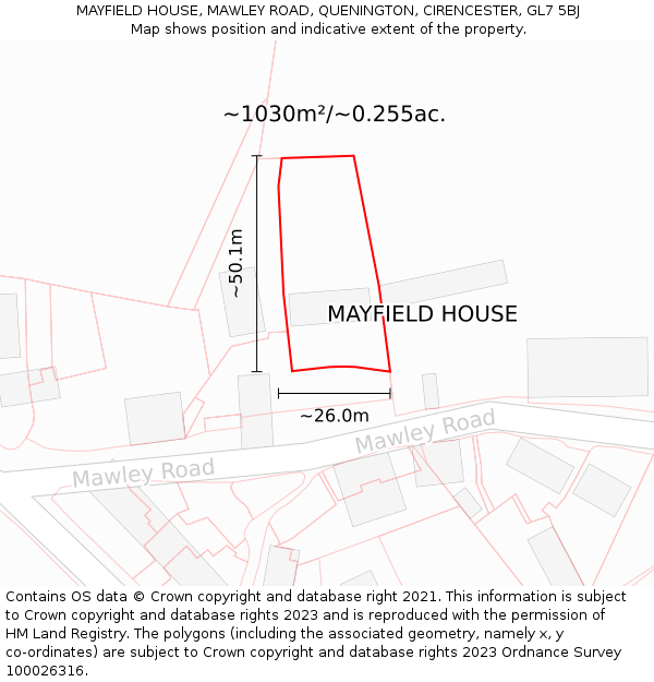 MAYFIELD HOUSE, MAWLEY ROAD, QUENINGTON, CIRENCESTER, GL7 5BJ: Plot and title map