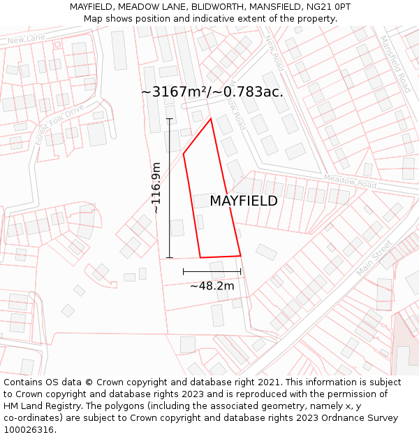 MAYFIELD, MEADOW LANE, BLIDWORTH, MANSFIELD, NG21 0PT: Plot and title map