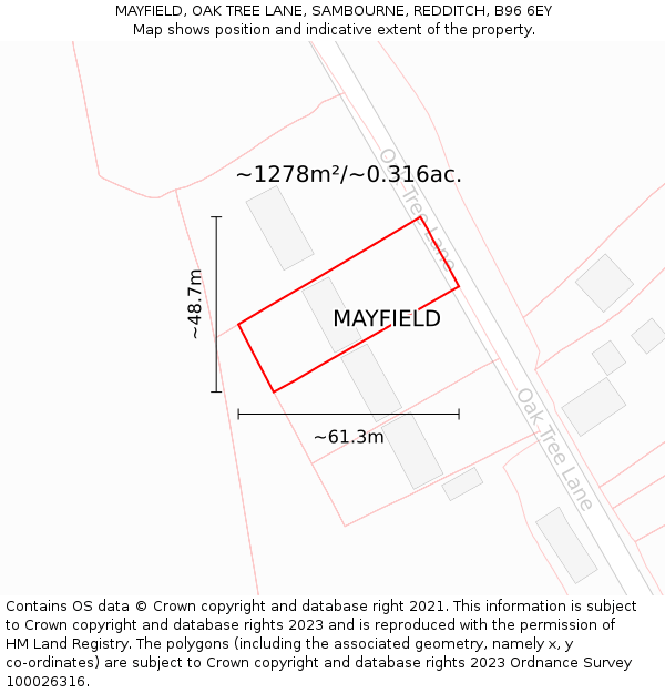 MAYFIELD, OAK TREE LANE, SAMBOURNE, REDDITCH, B96 6EY: Plot and title map