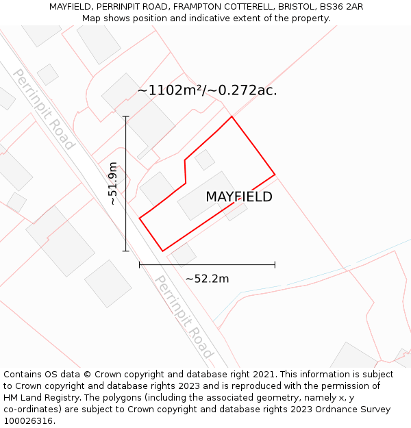 MAYFIELD, PERRINPIT ROAD, FRAMPTON COTTERELL, BRISTOL, BS36 2AR: Plot and title map