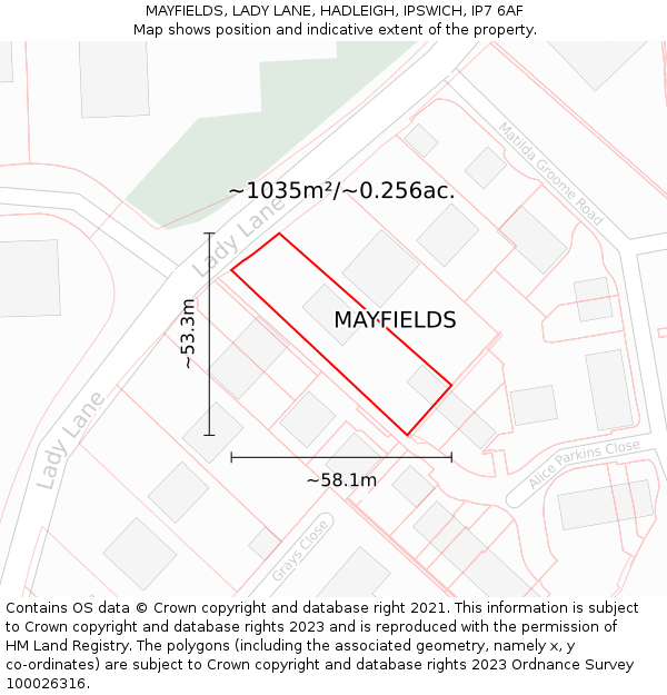 MAYFIELDS, LADY LANE, HADLEIGH, IPSWICH, IP7 6AF: Plot and title map