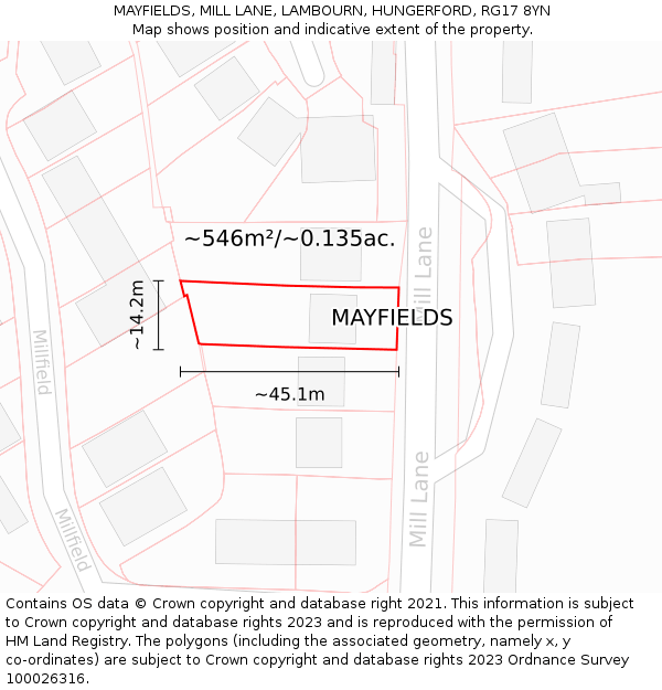 MAYFIELDS, MILL LANE, LAMBOURN, HUNGERFORD, RG17 8YN: Plot and title map